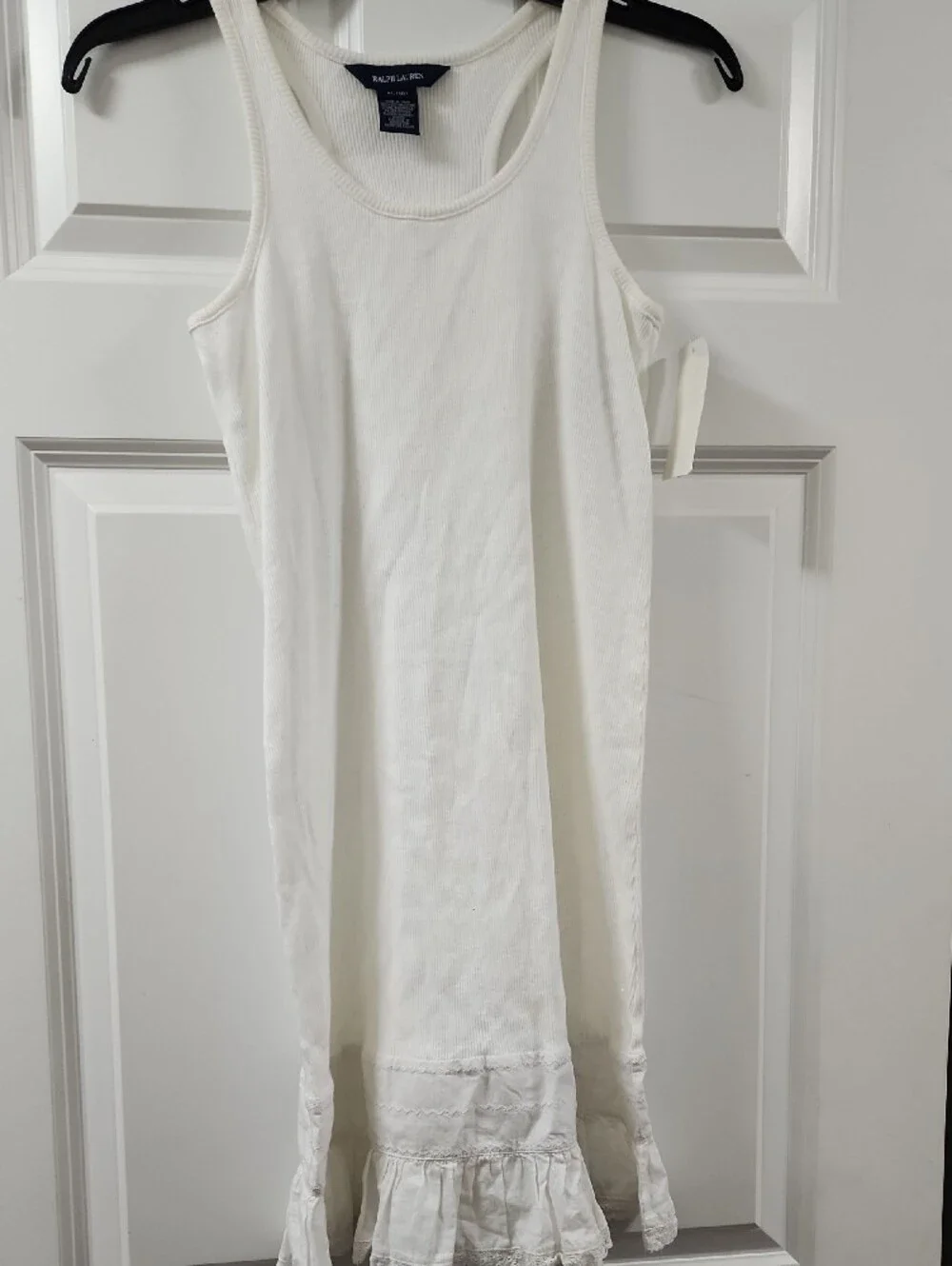Ralph Lauren White Ribbed Racerback Tank Dress with Flounce Hem